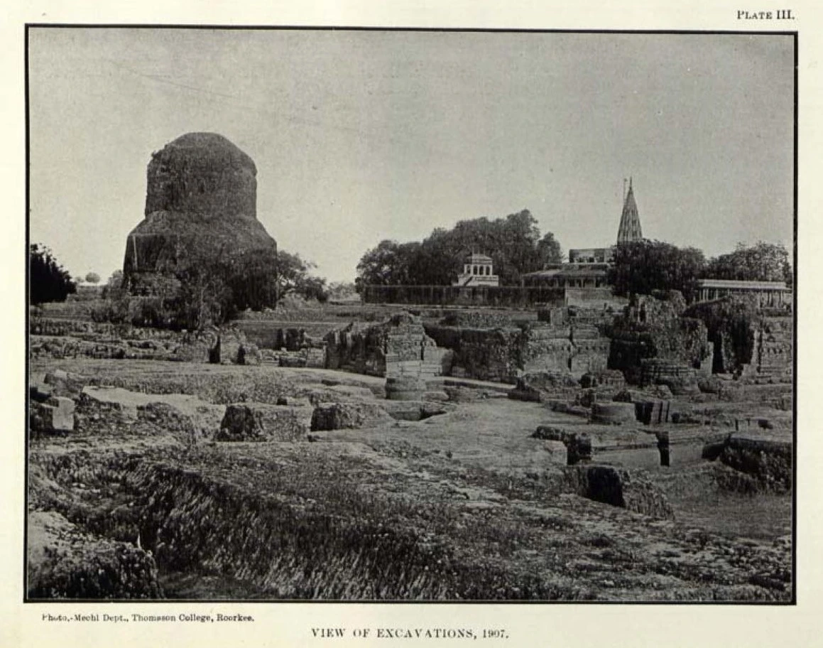 View of Sarnath during archaeological excavations, 1907.